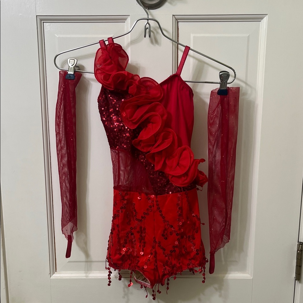 Red Sequin Dance Costume with Floral Accents Halloween Bodysuit